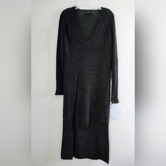 ZARA Knit Midi Dress Size M Charcoal Gray V-Neck Long Sleeve Asymmetrical - Picture 2 of 15